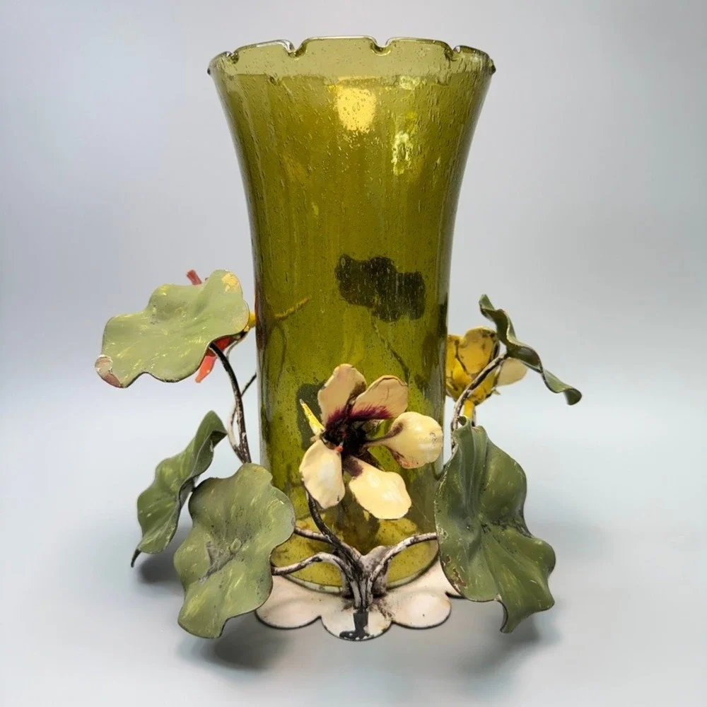 Vintage Walter Hatches Floral Tole Green Hurricane Glass Table Candle Holder